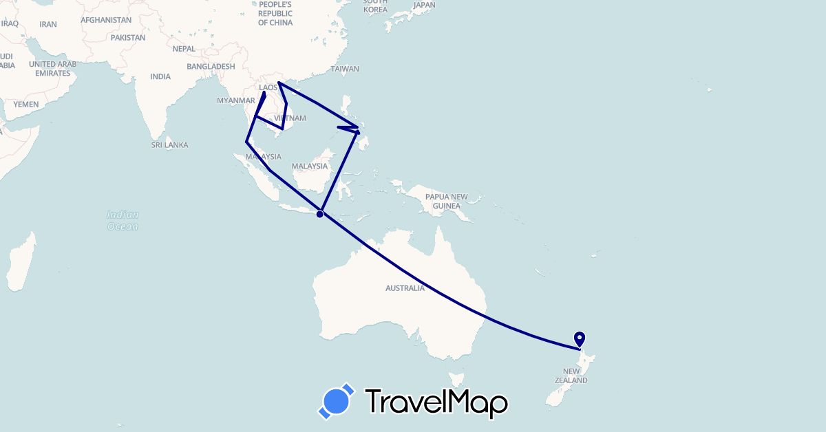 TravelMap itinerary: driving in Indonesia, Laos, New Zealand, Philippines, Singapore, Thailand, Vietnam (Asia, Oceania)